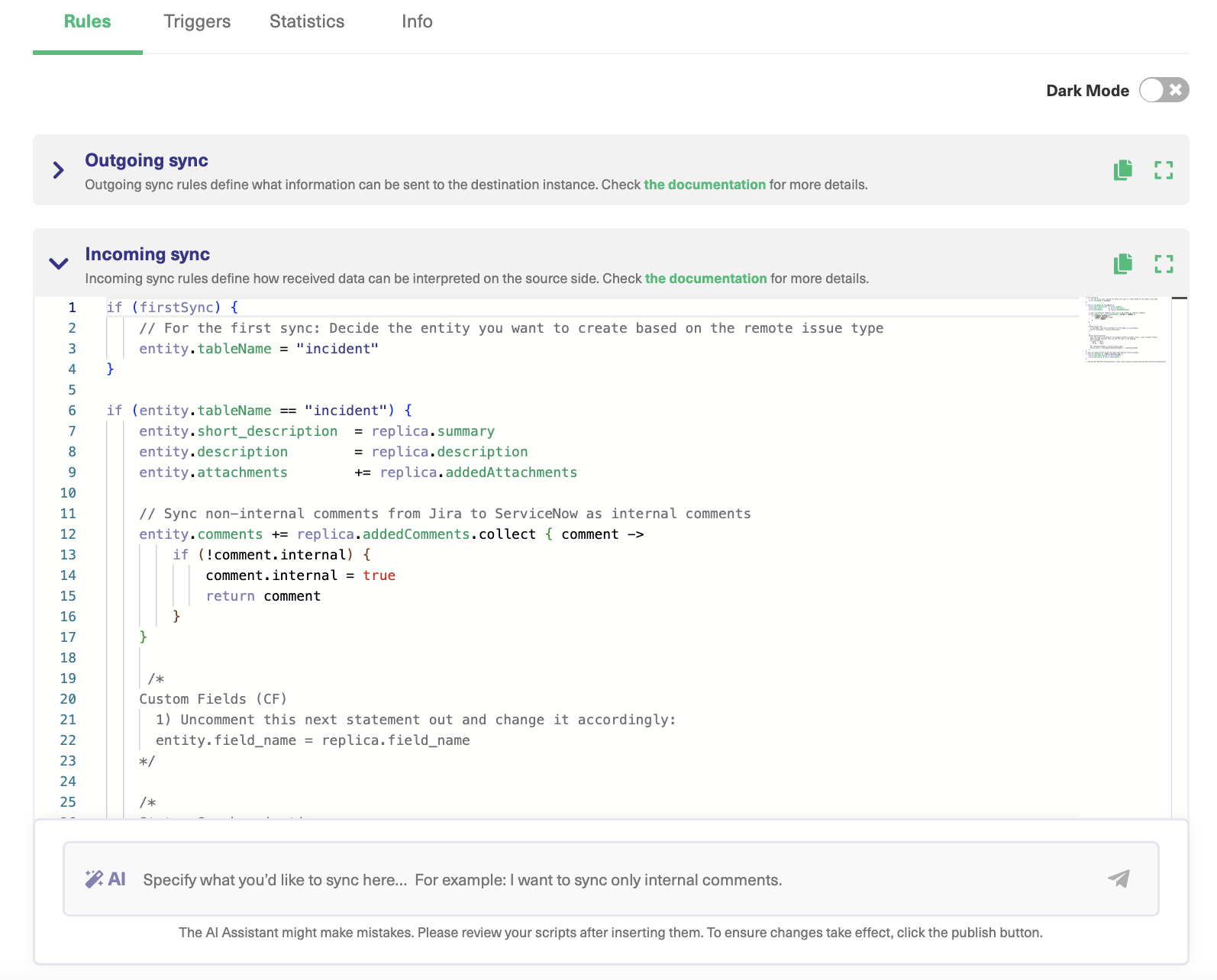 Sync rules in Exalate for ServiceNow